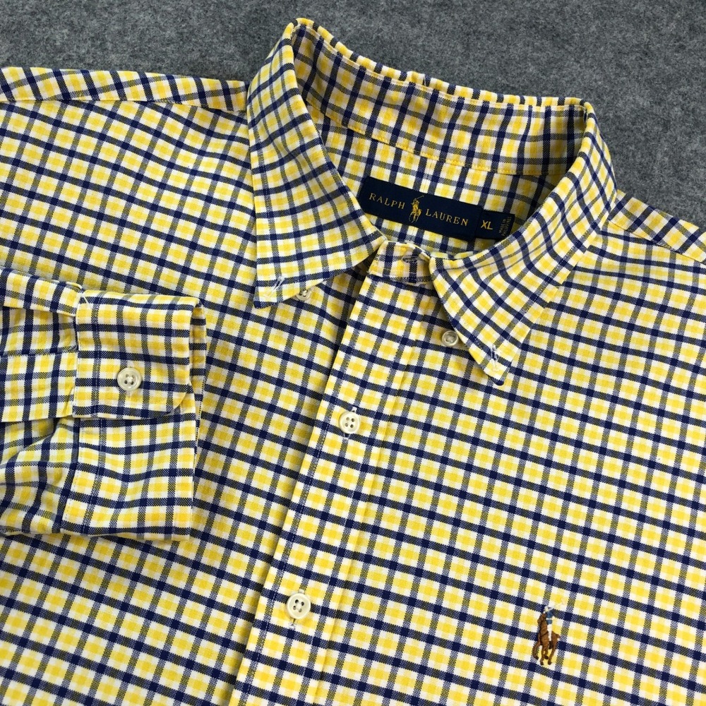 Ralph Lauren Mens Shirt XL Yellow Gingham Flesh Pony Long Sleeve Oxford Classic